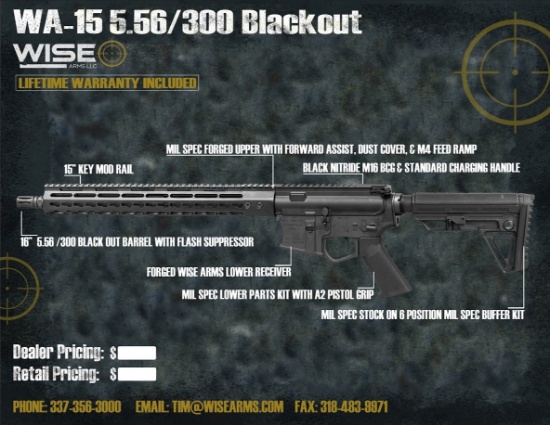 WISE ARMS AR-15 16" BILLET 300 Blackout W/ 15" RAIL
