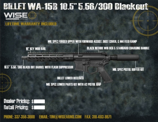 WISE ARMS 10.5" BILLET 300 BLACKOUT W/ 10" RAIL