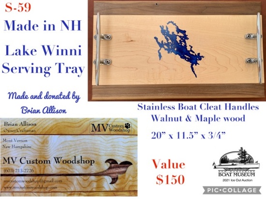 Lake Winni Wood Serving Tray with Stainless Steel Cleat Handles