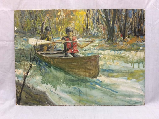 Oil on board of Boys Paddling a Canoe