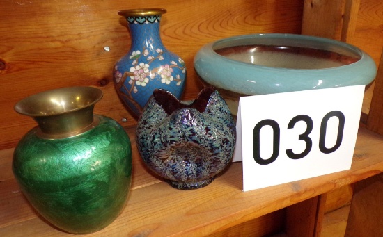 2 pieces of art glass & two cloisonne type vases