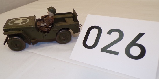 Early Pressed Steel Army Jeep and Figurine