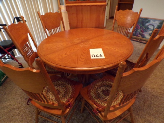 Oak Table with 6 Pressed Back Chairs & Board