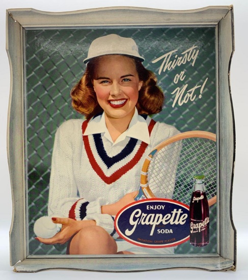 1940's Grapette Lady Tennis Player Self-Framing Cardboard Sign