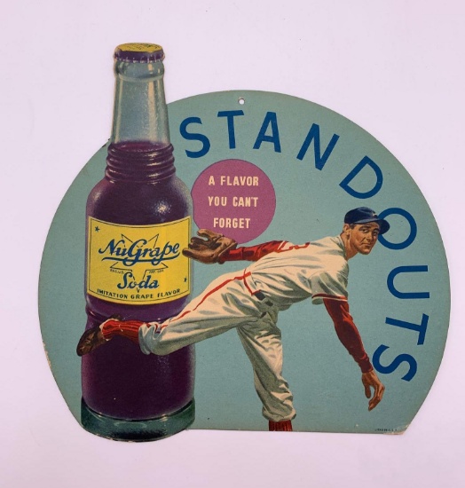 1950's NuGrape Carboard Advertising Sign. Features a Baseball Player.