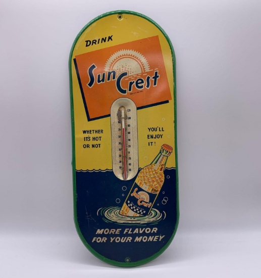 1940's Tin Suncrest Thermometer. Great Graphics