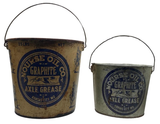 (2) Early Nourse Graphite Grease Pails w/ Dog and Viking