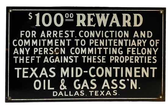 $100 Reward Mid-Continent Porcelain Sign