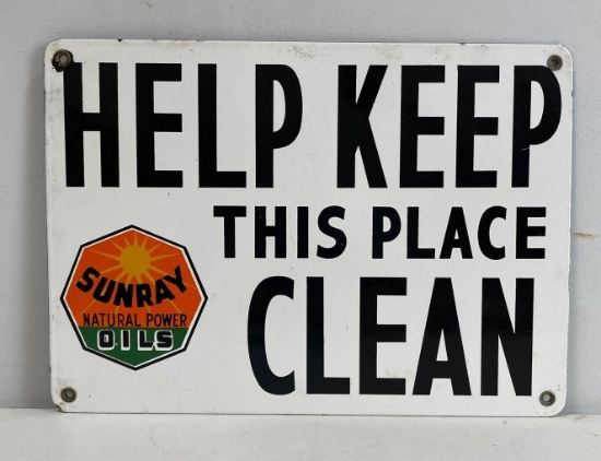 Sunray D-X "Help Keep This Place Clean" Porcelain Sign