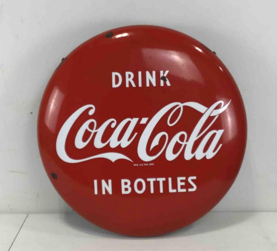 24" Porcelain Coca-Cola Button w/ Original Bracket