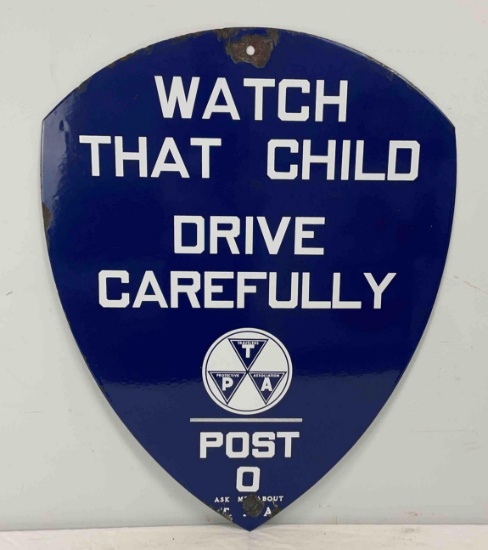 "Watch That Child" Drive Carefully Porcelain Sign