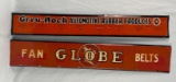 Two Grey Rock and Globe Fan Belt Rack Signs