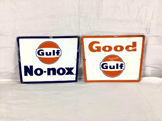 (2) Porcelain Good Gulf and Gulf No-Nox Gas Pump Signs