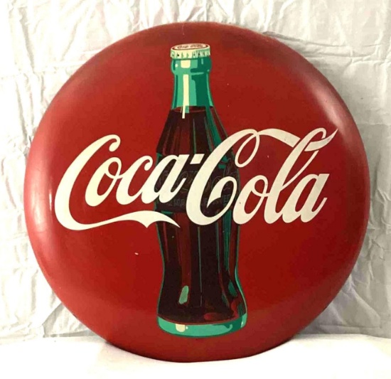 24" Painted Metal Coca-Cola Button Sign w/ Bottle