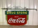 1935 Coca-Cola Drug Store Double Side Porcelain Sign w/ Original Sphere Bracket