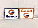 (2) Porcelain Good Gulf and Gulf No-Nox Gas Pump Signs