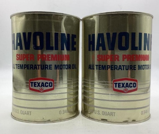 Two Texaco Havoline Super Premium Quart Oil Cans