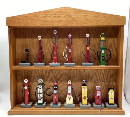 13 Different Miniature Gas Pumps w/ Display Cabinet