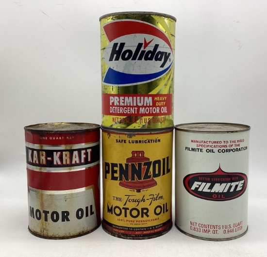 Holiday, Kar-Kraft, Pennzoil, Filmite Quart Oil Cans