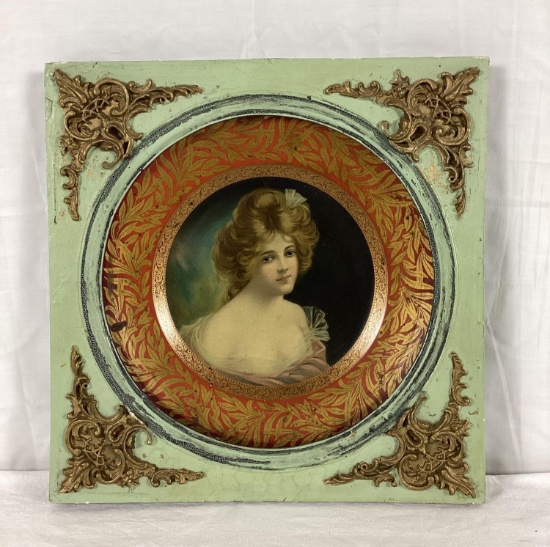 Early Dresden Artwork Advertising Wall Plate. Mfg. by Meek Co. Coshocton O. Presents with good color