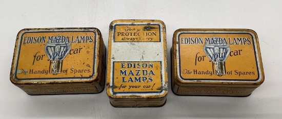 Three Early Edison Mazda Auto Headlamp Bulb Tins