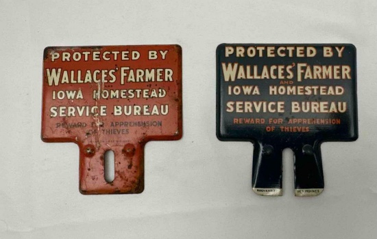 Two Wallace's Farmer Iowa Homestead Service Bureau License Plate Attachments