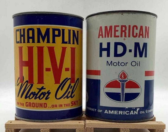Champlin and American H-D Metal Quart Oil Cans