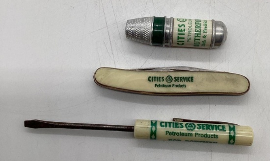 Cities Service Pearl Handle Pocket Knife, Bullet Style Sewing Kit and Screwdriver