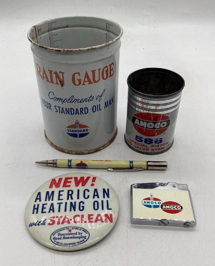 Standard Amoco Coin Bank, Pinback, Lighter, Rain Guage and Pencil