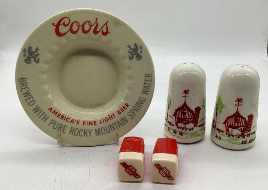 Chevrolet and Mobil Ceramic Salt & Pepper Shakers and Coors Ashtray