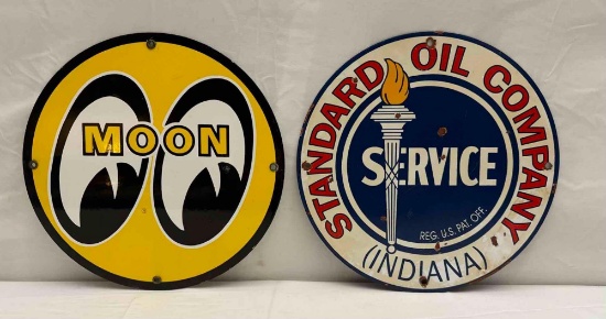 12" Moon Automobile and Standard Indiana Porcelain Signs
