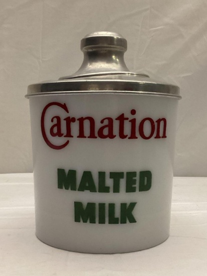 Carnation Malted Milk Glass Soda Fountain Canister w/ Lid