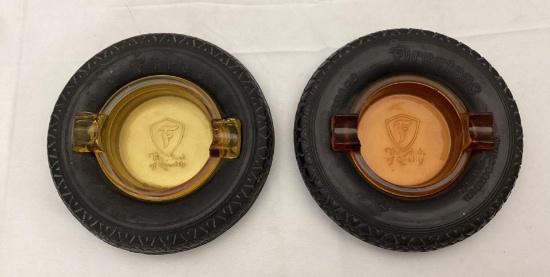 Two Firestone Tire Ashtrays w/ Amber Glass