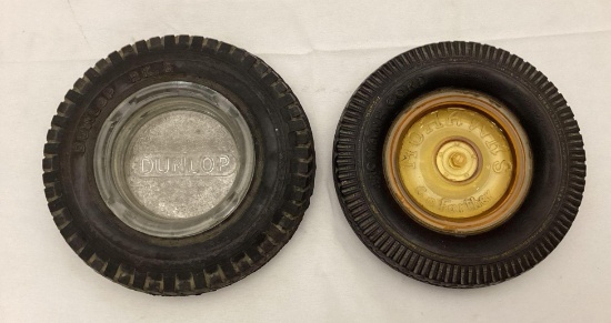 Early Dunlop and Mowhawk Tire Ashtray w/ Amber Glass