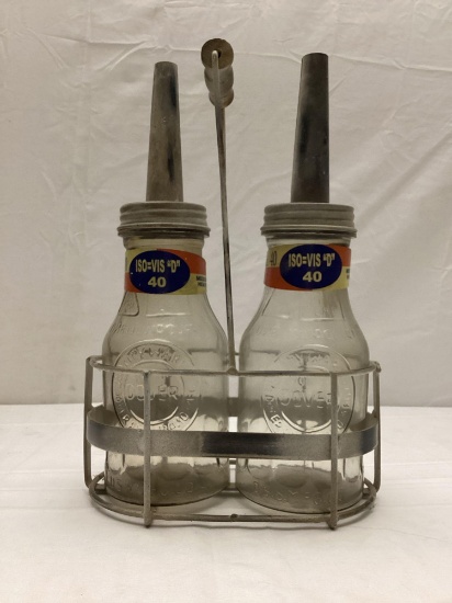 Two Standard ISO VIS Quart Oil Bottles W/ Carrier and Metal Tags