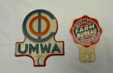 Quality Farm Bureau and United Mine Workers of America License Plate Attachments