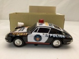 1960's Japanese Tin Battery Operated Porsche Police Car Toy w/ Original Box