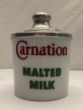 Carnation Malted Milk Glass Soda Fountain Canister w/ Lid