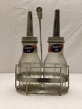 Two Standard ISO VIS Quart Oil Bottles W/ Carrier and Metal Tags