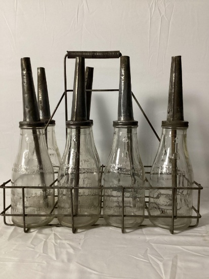 Six 1922 "Handy Oiler" Bottles w/ Spouts & Carrier