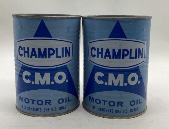 Two Champlin C.M.O. Quart Cans Made w/ reclaimed Skelly Supreme Cans