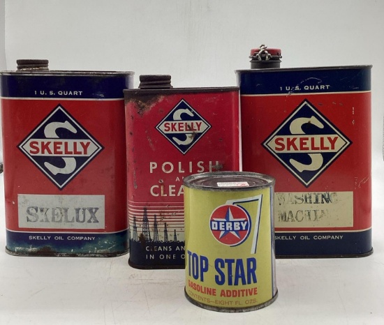 Two Skelly Quart, Auto Polish and Derby Cans
