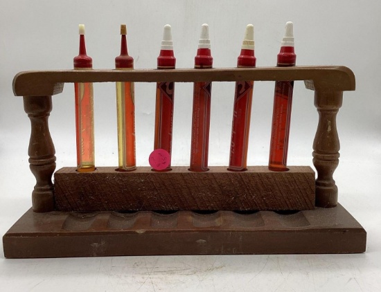 Six Skelly Test Tube Handy Oilers w/ Wood Display
