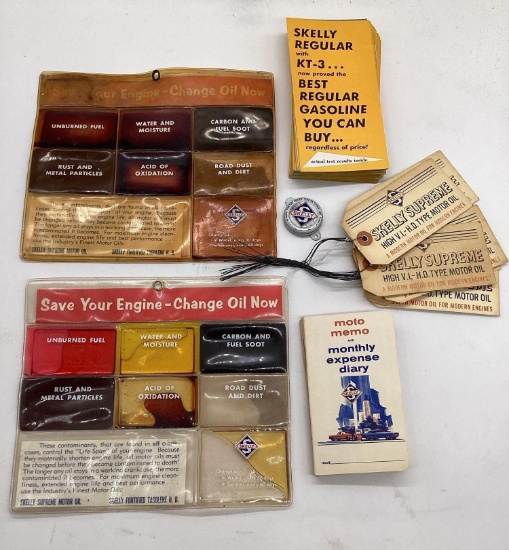 Skelly Barrell Lid, Tags, Oil Change Display Chart and Several Brochures