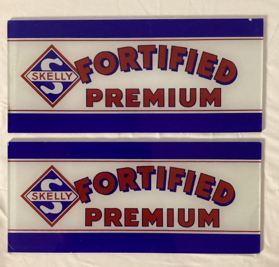 Two Skelly Fortified Premium Gas Pump Advertising Glass