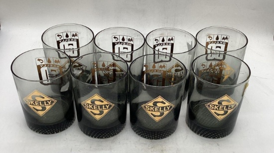 Eight Skelly Whiskey Glasses w/ Original Box