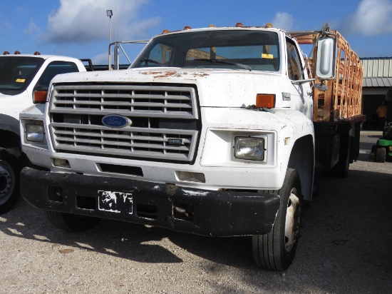 1991 FORD F600 DIESEL FLATBED TRUCK (VIN # 1FDNK64P2MVA25979) (SHOWING APPX 67,072 MILES, UP TO BUYE