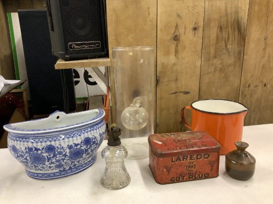 Wall Pot, Vintage Oil Lamp, Oil lamp, Laredo Cut Plug Tin, Enamel Pitcher, Pottery