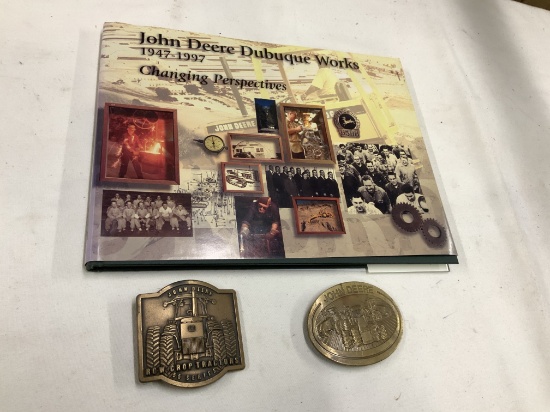John Deere Dubuque Works 50 Year History and 2 Commemorative Belt Buckles