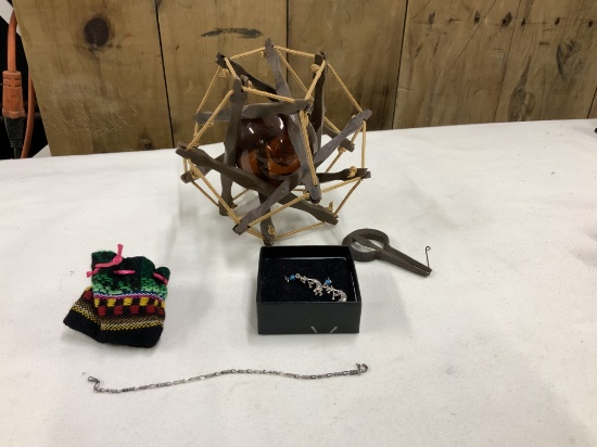 Jews Harp, Kokopelli earrings, silver bracelet with bag, unusual glass ball